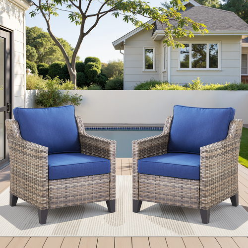 Outdoor Lounge Chair Set Wicker Blue Sloped Armrest 4 in Cushion 2 Piece