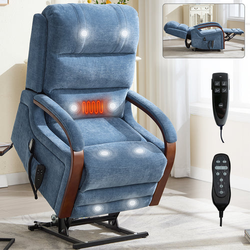 Power Blue Chenille Lift Recliner Chair Dual Motor 350 LBS