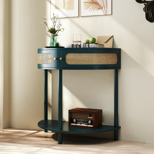 Boho Rattan Semi Circle Console Table with Storage Door