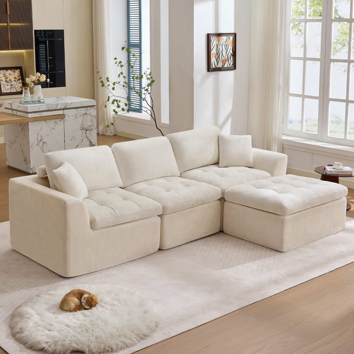 110' L-Shape Modular Sectional Couch with Ottoman