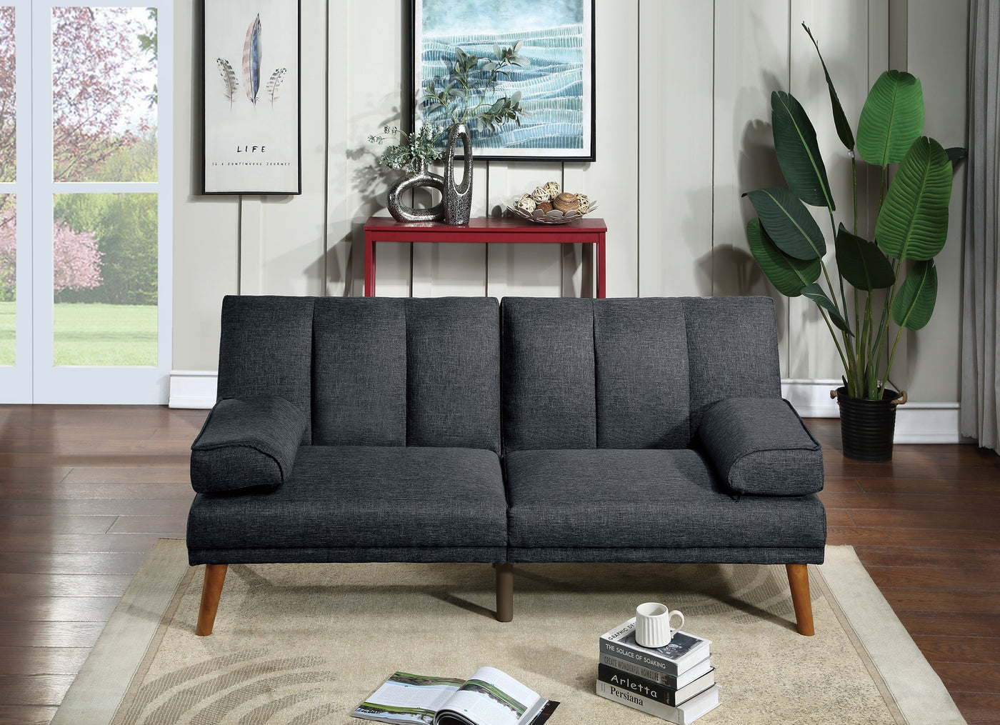 Black Polyfiber Adjustable Sofa Bed with Solid Wood Legs