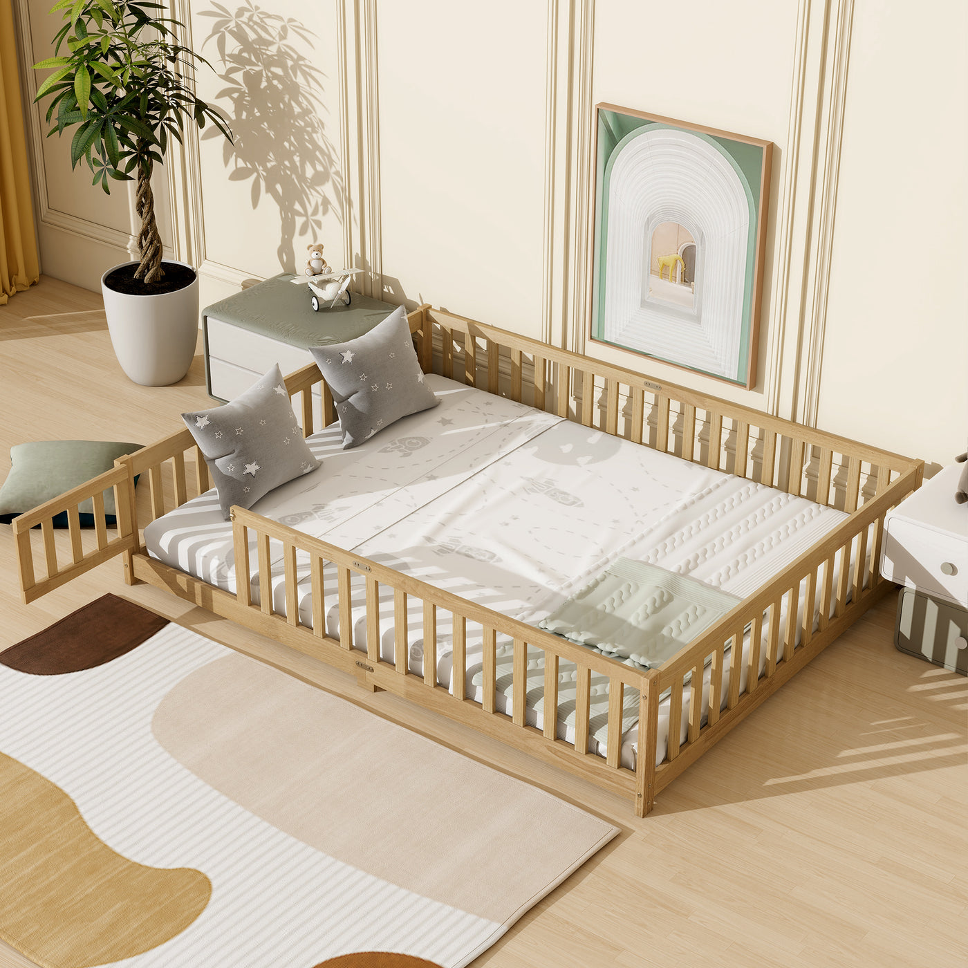 Queen Size Floor Bed with Safety Guardrails & Door