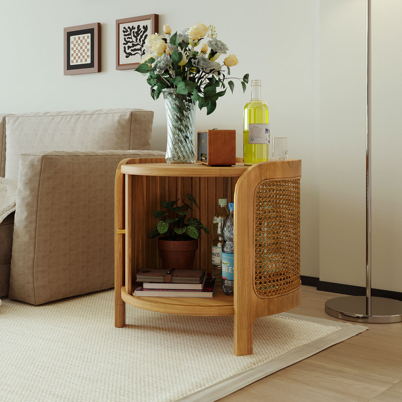 Round Rotating Coffee Table with Rattan and Hidden Storage