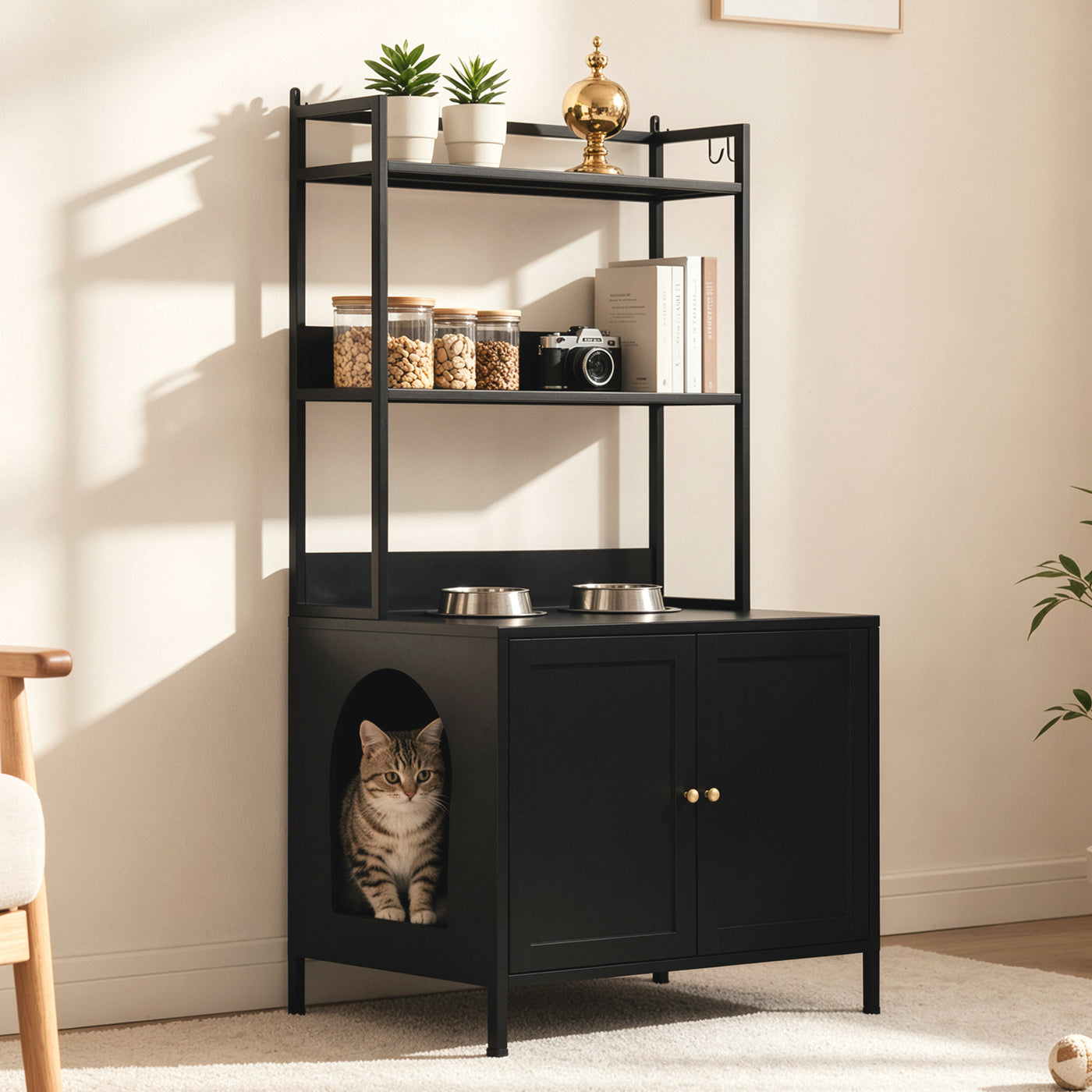 Black Metal Hidden Litter Box Cabinet with Storage Shelves