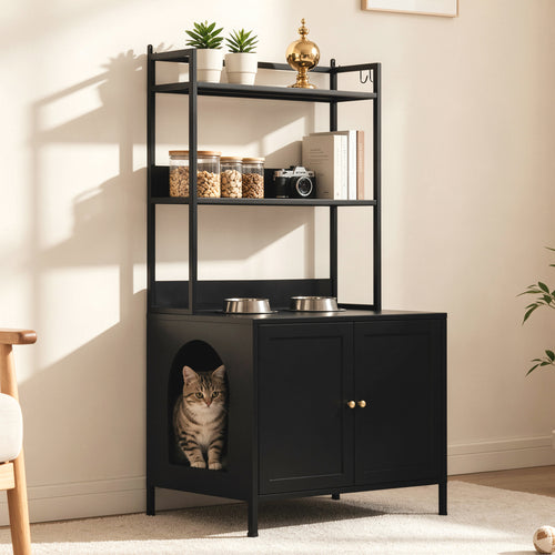 Black Metal Hidden Litter Box Cabinet with Storage Shelves