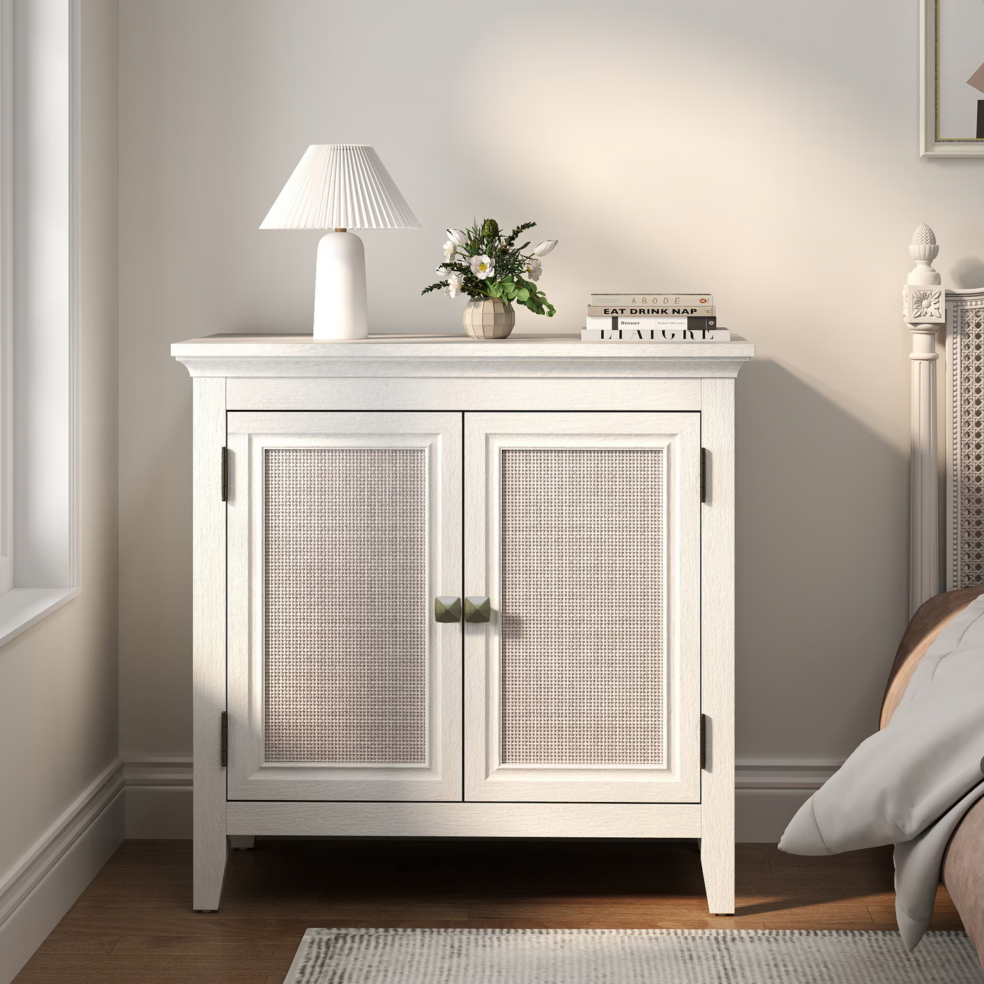 White Kitchen Storage Cabinet with Rattan Doors