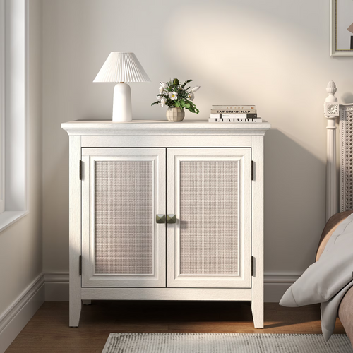 White Kitchen Storage Cabinet with Rattan Doors