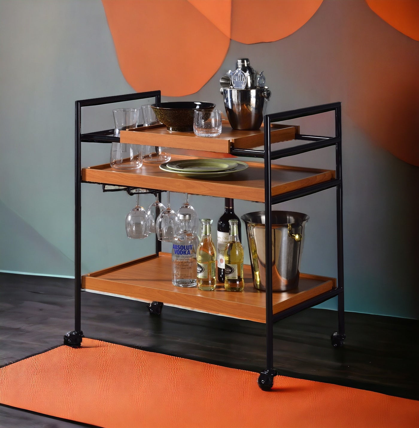 Honey Oak and Black Finish Serving Cart