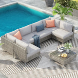 7-Piece Wicker Patio Sectional Sofa Set with Grey Cushions