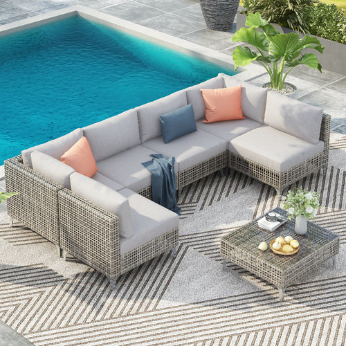 7-Piece Wicker Patio Sectional Sofa Set with Grey Cushions