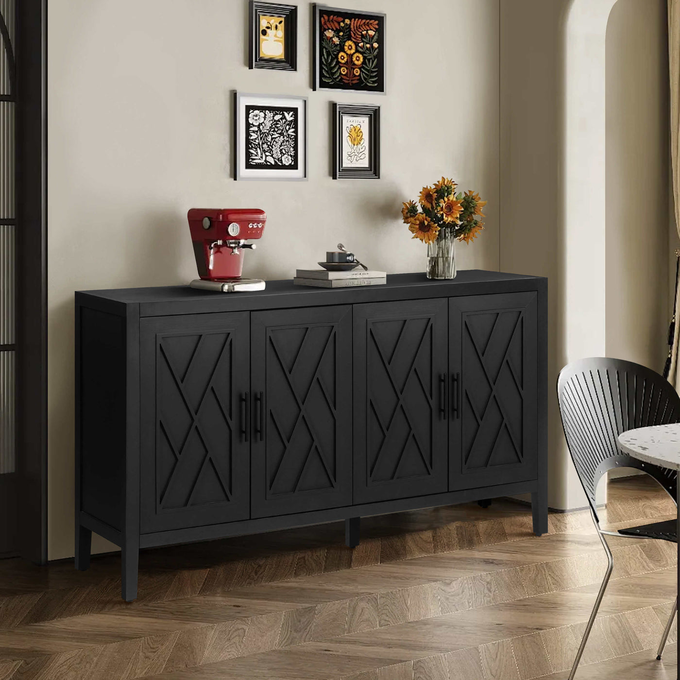 60" Modern Farmhouse Sideboard Cabinet 4 Doors Adjustable Shelf
