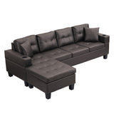 4-Seat Faux Leather Chaise Sofa with Chaise Dark Brown 96"