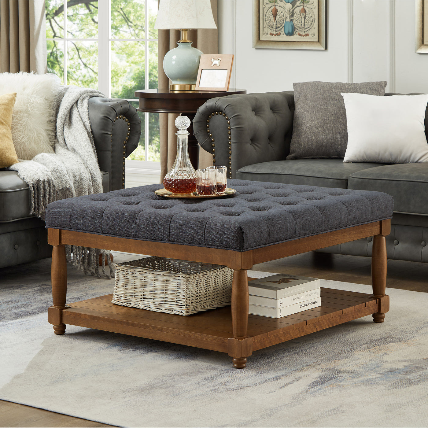 Large Square Upholstered Tufted Linen Ottoman Coffee Table, Charcoal
