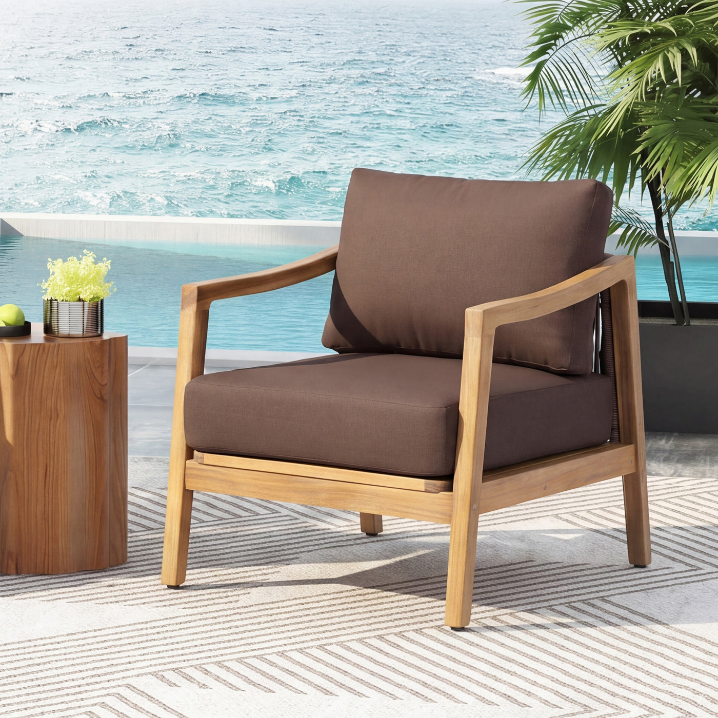 Outdoor Club Chair , Acacia Wood Frame with Rope Back Detail, Water-Repellent Brown Cushions for Patio/Backyard/Deck