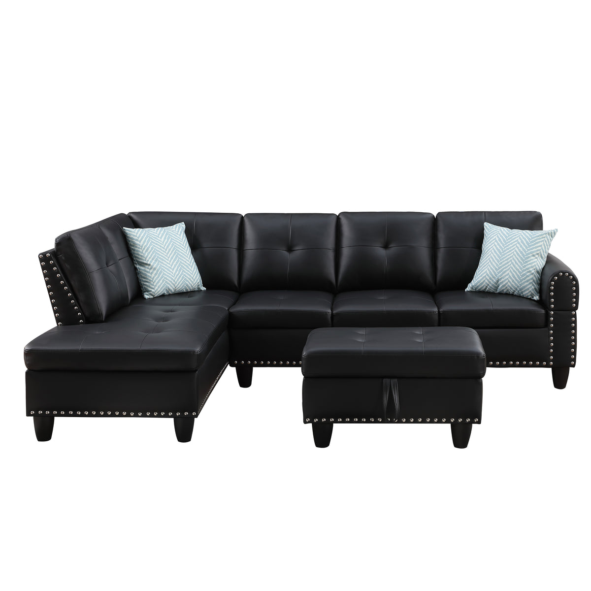 Faux Leather Sofa with Ottoman Black 98"