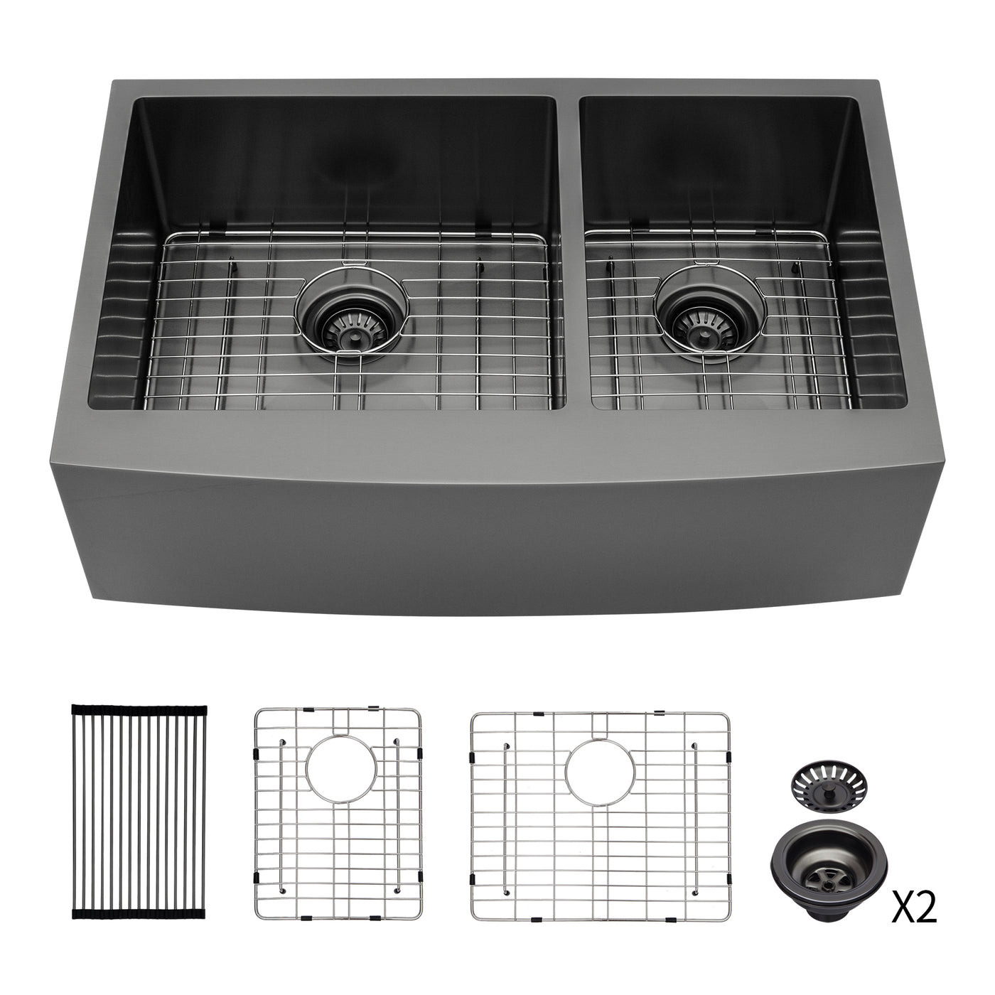Gunmetal Black Farmhouse Double Bowl Stainless Steel Sink 33x21x10