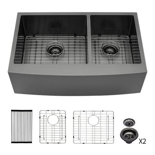 Gunmetal Black Farmhouse Double Bowl Stainless Steel Sink 33x21x10
