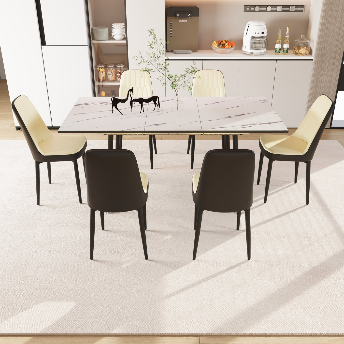 47'-63' expandable dining table set for 2-6 people, equipped with PU fabric