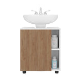 Under Sink Bathroom Cabinet with Side Shelves, White and Oak