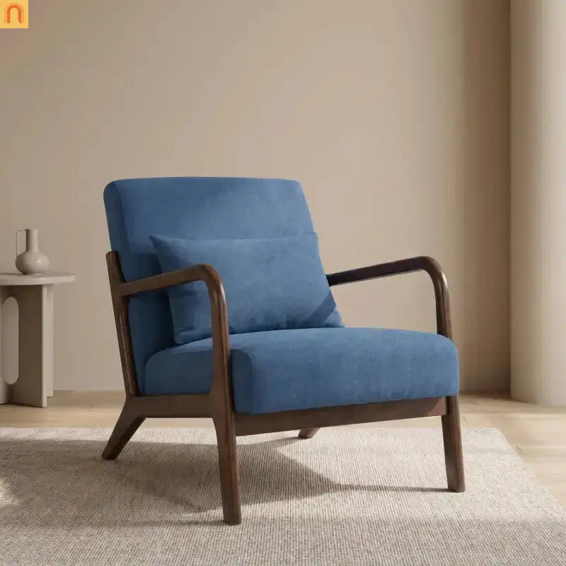 Accent Chair Mid-Century Cotton Linen Blue Wood Frame 250 lb