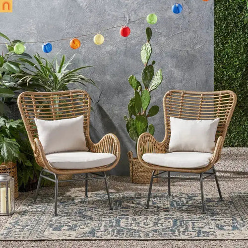 Outdoor Chair PE Rattan Beige Steel Frame Set of 2 37.25in