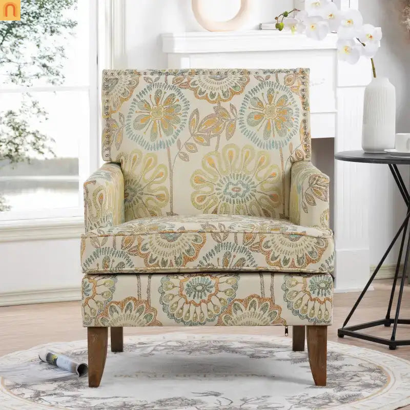 Accent Chair Modern Fabric Beige Yellow Birch Legs Pocket Spring 220 lb