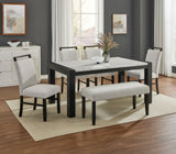 6pc White Faux Marble Dining Set Contemporary Style Bench