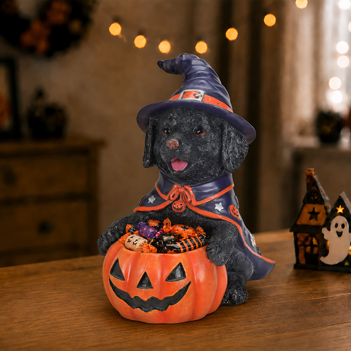 Halloween Black Labrador Retriever Witch Puppy Figurine, Cute Dog Holding Pumpki