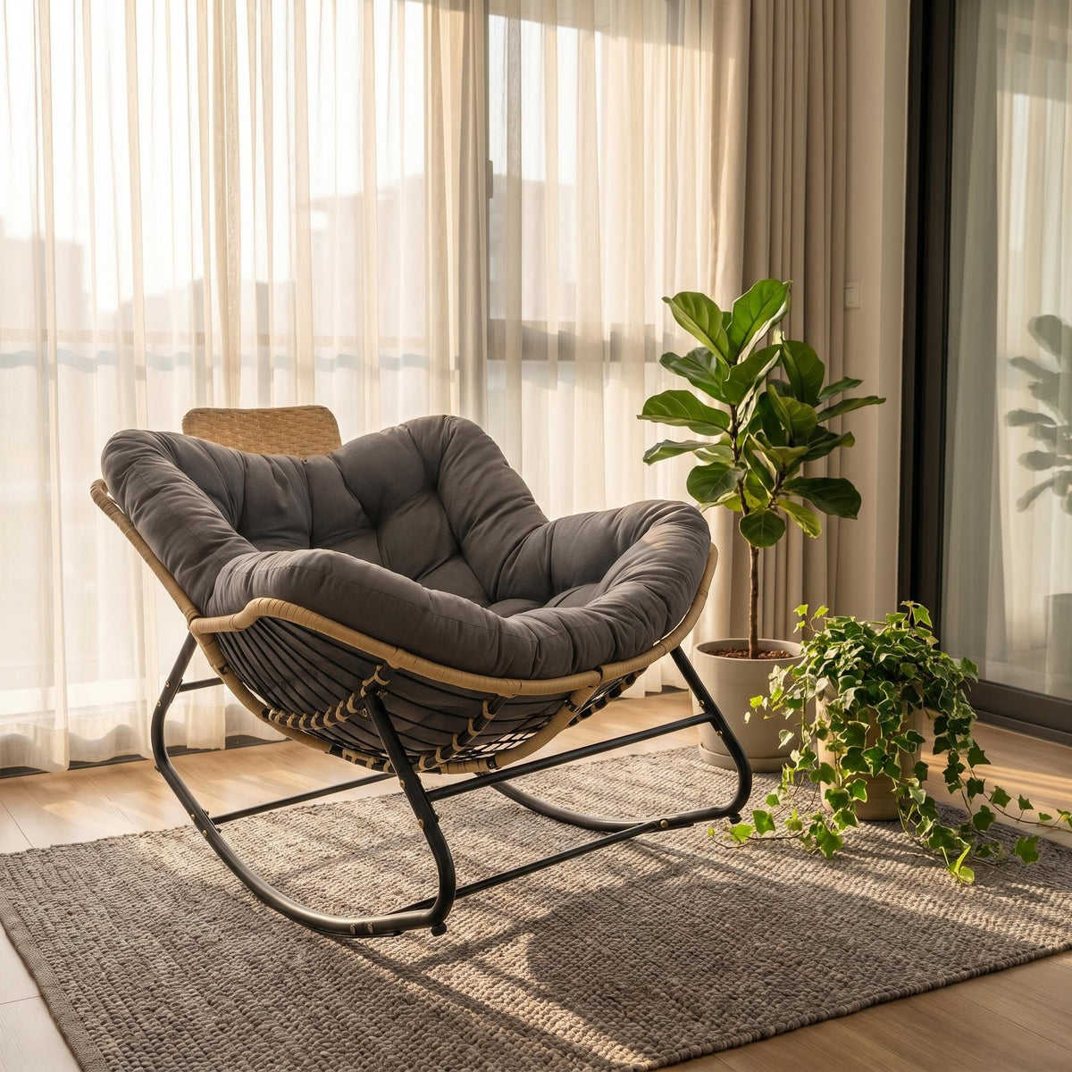 39.37"Papasan Rocking Chair Outdoor, Oversized Patio Egg Chair