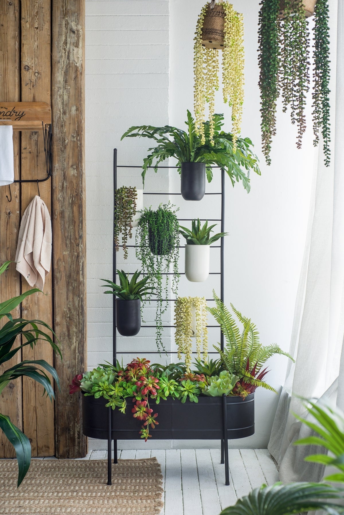 Black Multi-Tiered Plant Stand 32x14x60 with Buckets Trough
