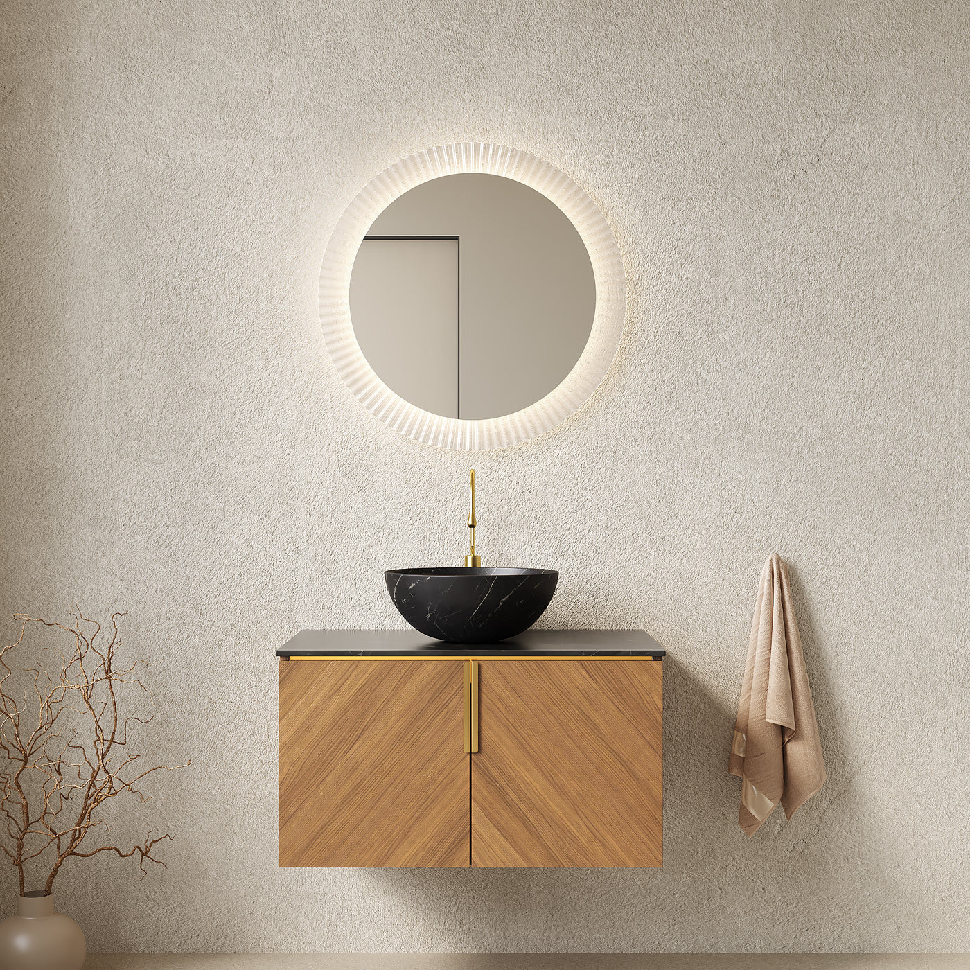 30' Bathroom Vanity with Sink, Floating Plywood 2 Doors Black Stone Black Bowl Basin