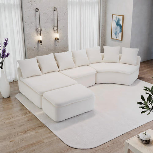 Sectional Sofa U-Shape Chenille Milk White 10 Seat Modular 128 In