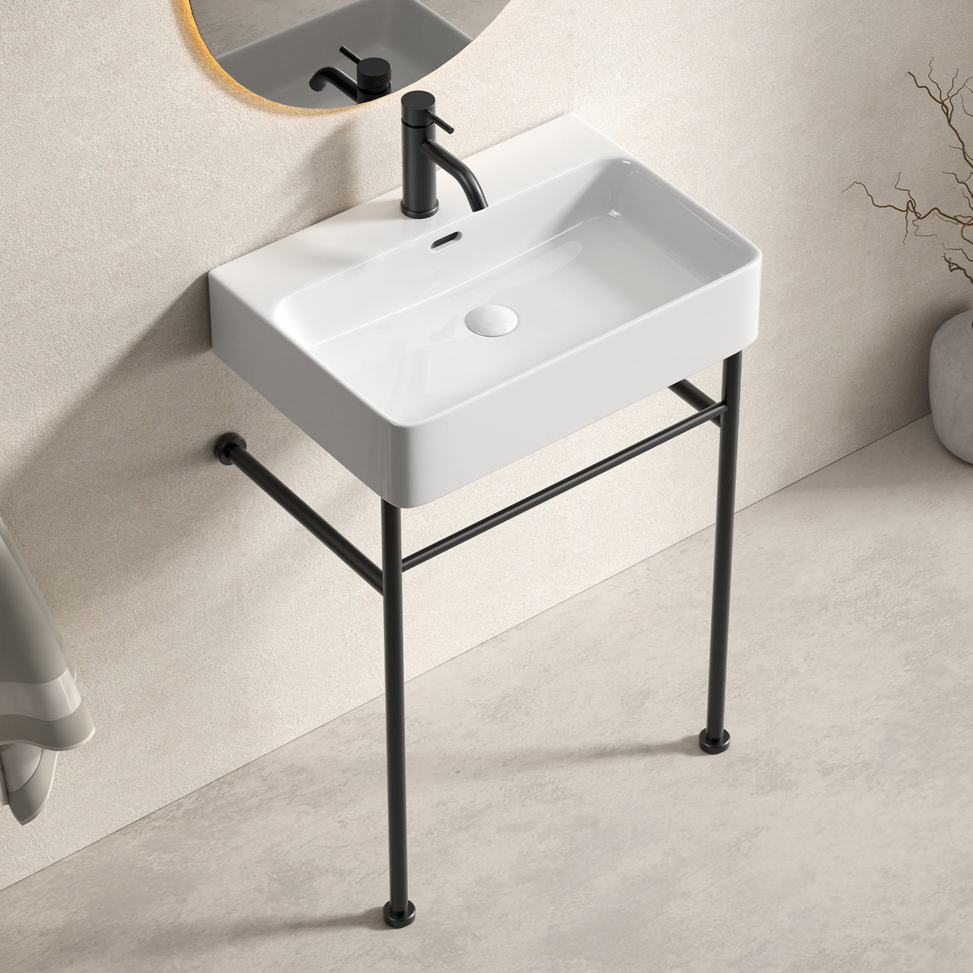 24" Freestanding Bathroom Console Sink Ceramic Basin Stainless Steel Pedestal