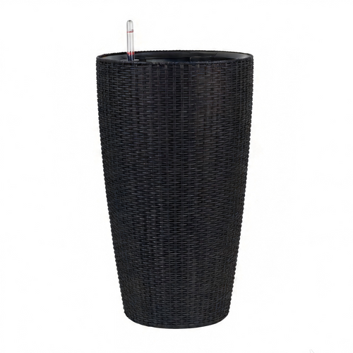 Faux Rattan Tall Planters Set Auto Watering 22 Inch Black