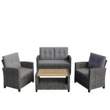 Outdoor Patio Set PE Rattan Gray 4 Piece Loveseat Chairs Acacia Table