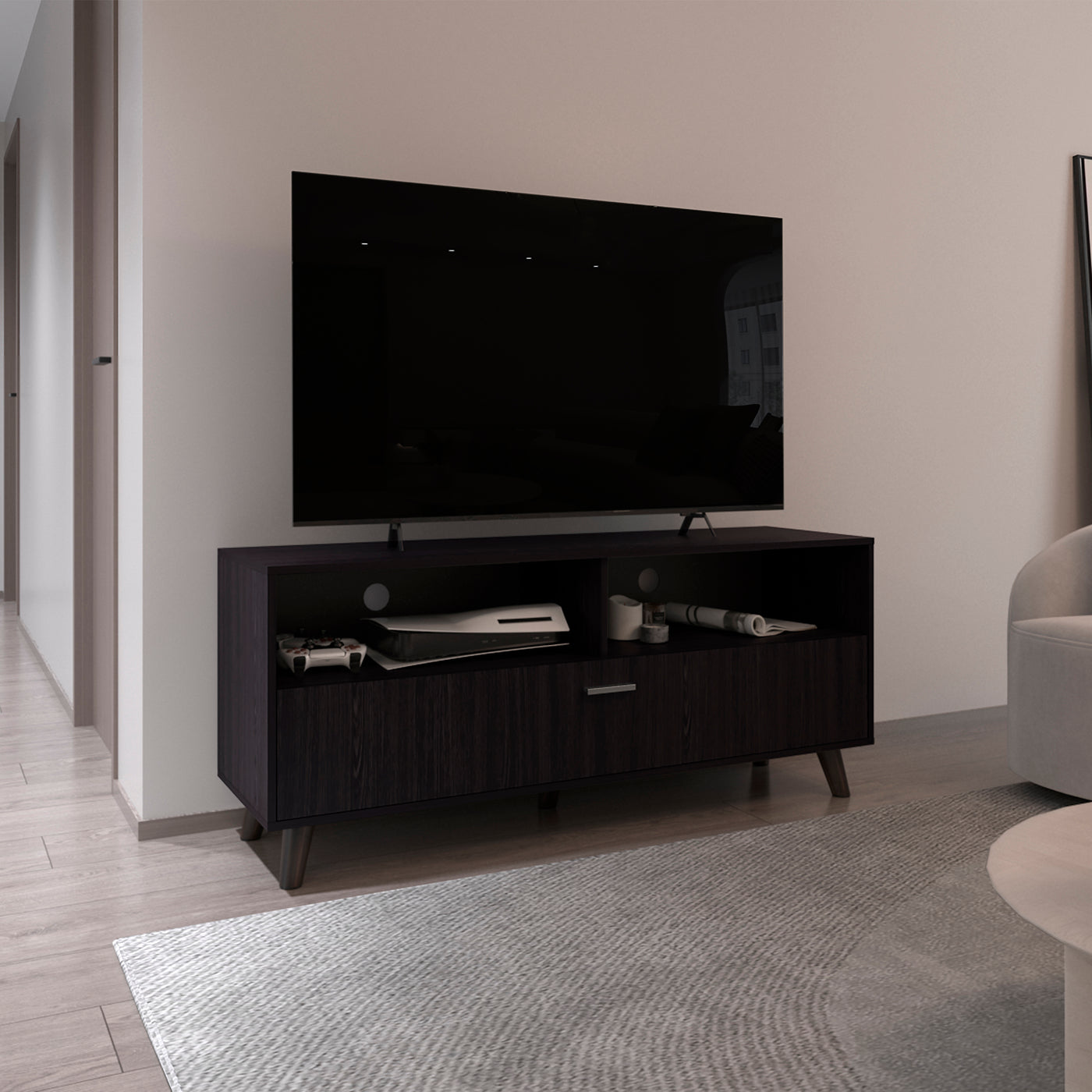 Modern Black TV Stand with 2 Doors and Open Shelves