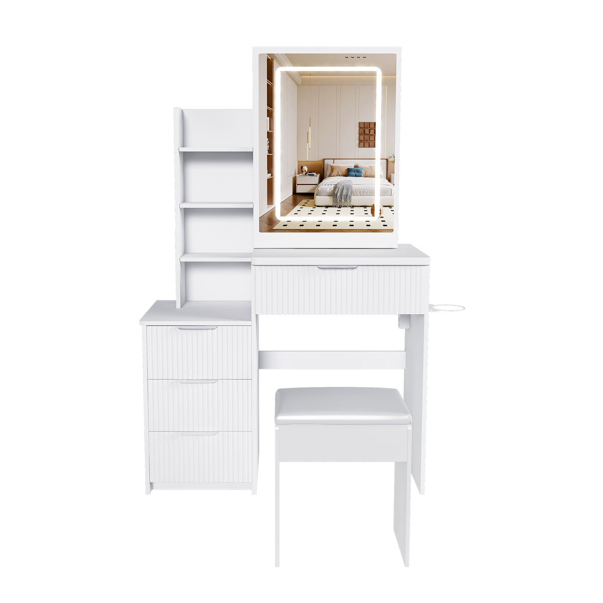 Modern Vanity Desk with 3 LED Lighting Modes, 4 Drawers, Hair Dryer Holder & Pow