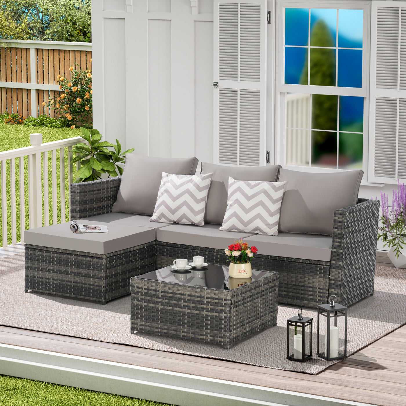 Outdoor Sectional Set PE Rattan Steel Light Gray L-Shape 3 Piece Seats 4