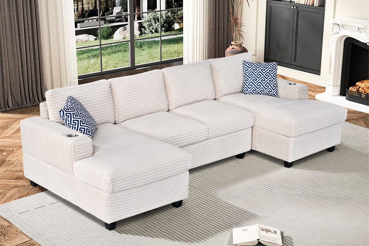 L-Shaped Sectional Sofa with Corduroy, Cup Holders, Chaise