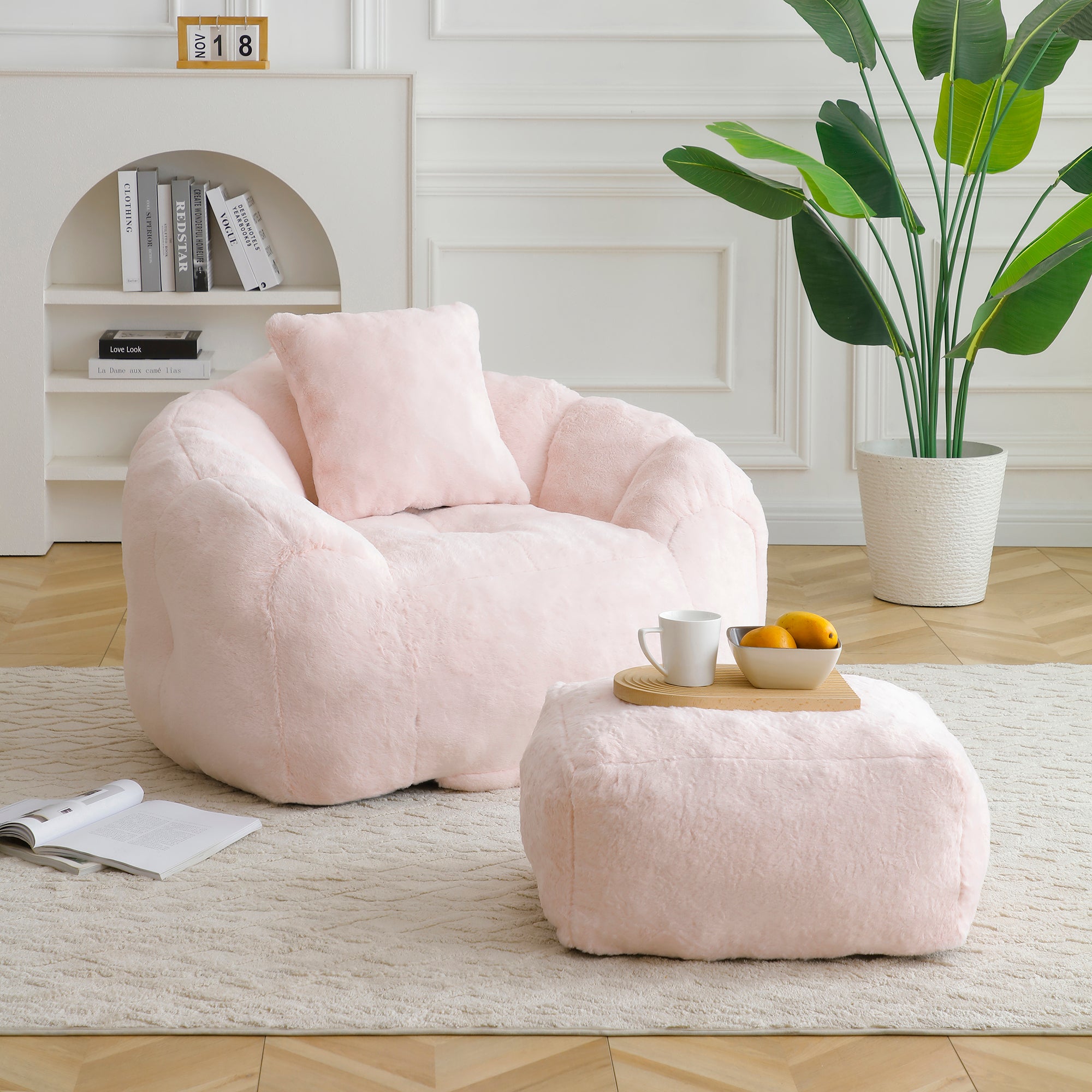 Giant Faux Fur Bean Bag Chair With Footstool Shell Shaped Oversized Floor Sofa