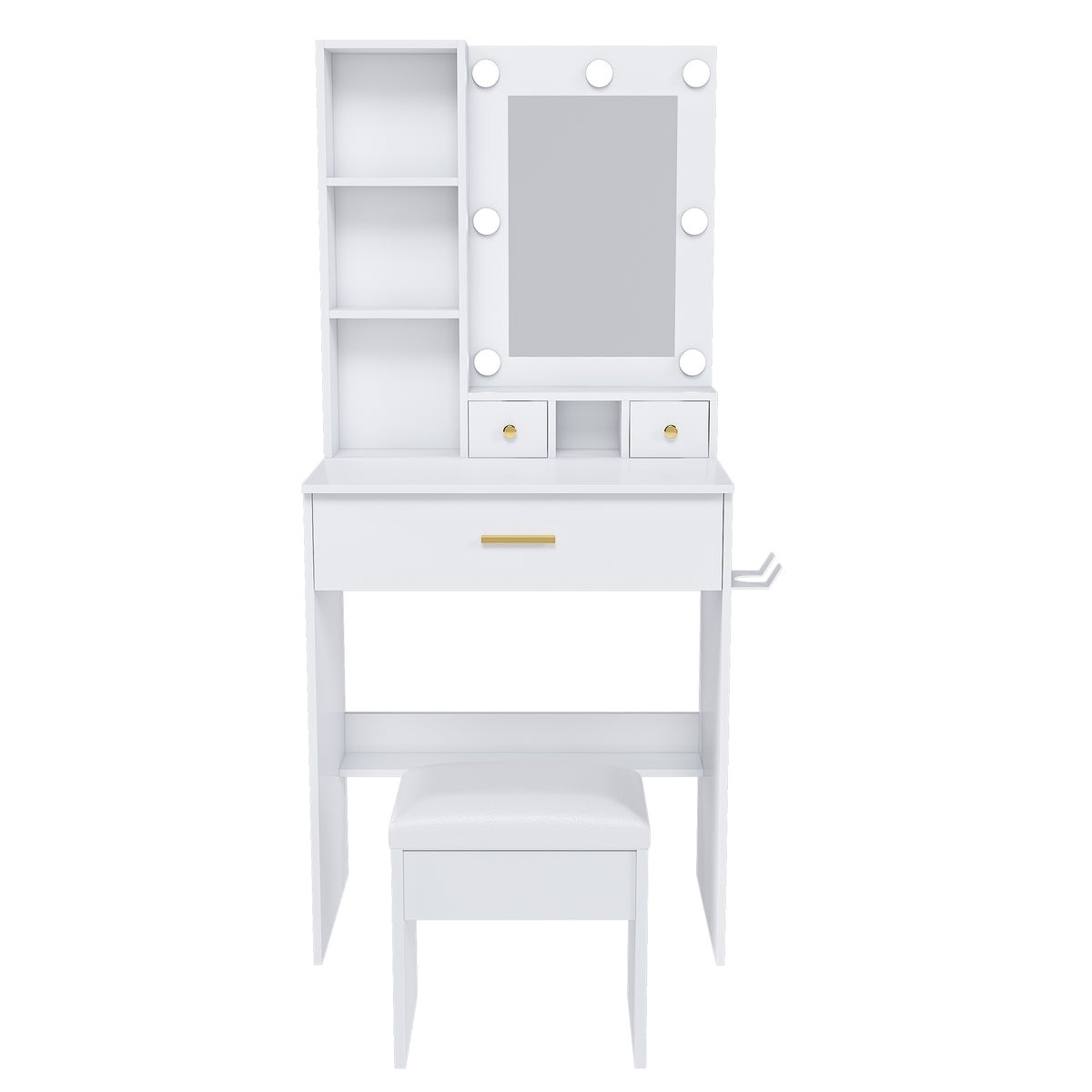 White Vanity Table with Mirror, Adjustable LED Lights, Power Outlet, Hairdryer H