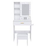 White Vanity Table with Mirror, Adjustable LED Lights, Power Outlet, Hairdryer H