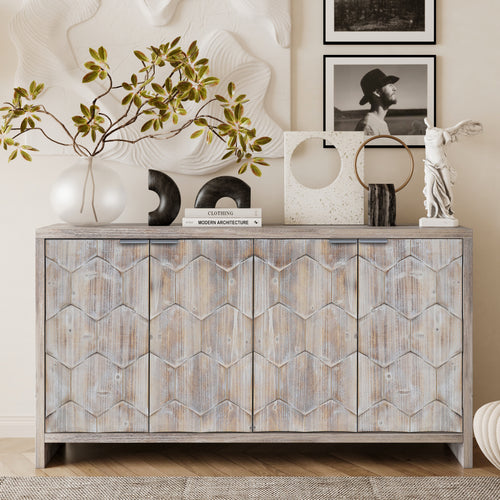 Farmhouse 4 Door Wooden Sideboard Cabinet Natural Wood Wash