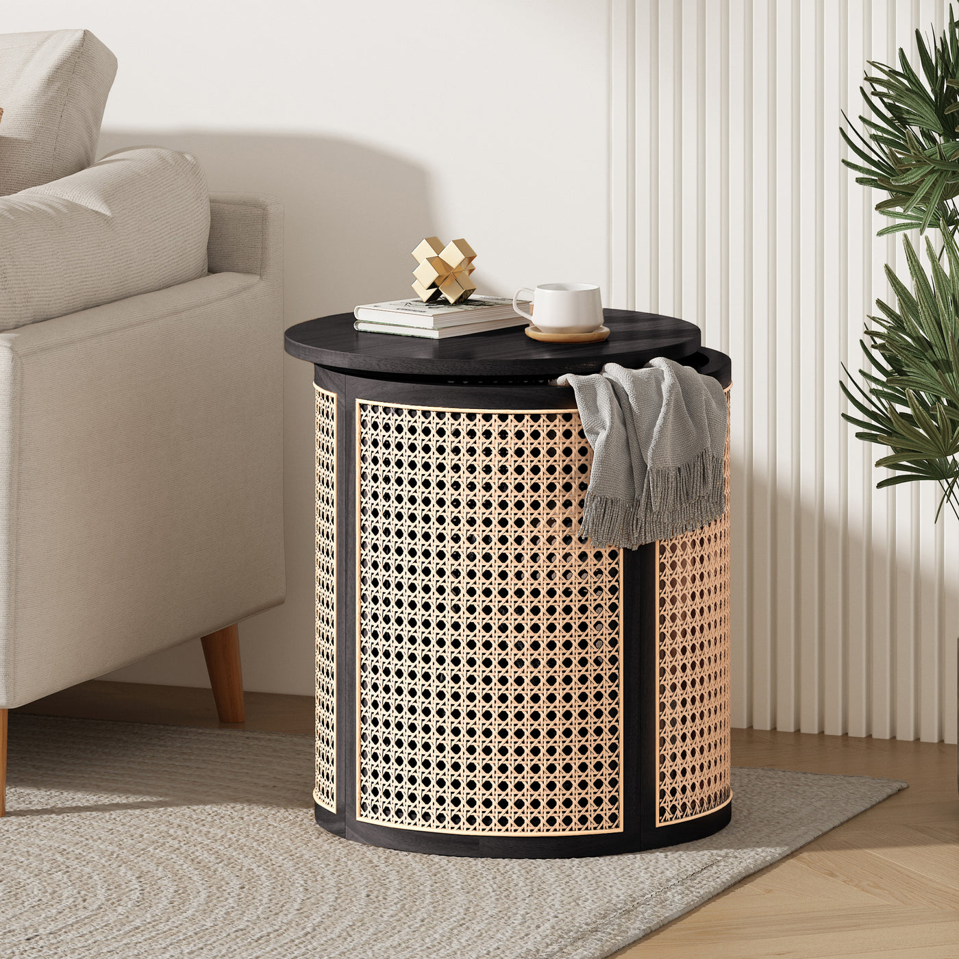 15.7" Round Rattan Woven Side Table, Black Wood Nightstand