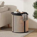 15.7" Round Rattan Woven Side Table, Black Wood Nightstand