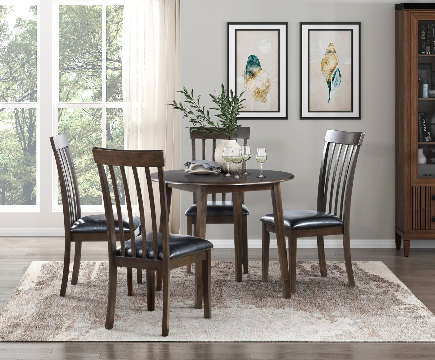 5pc Round Espresso Dining Set with Drop Leaves and 4 Chairs