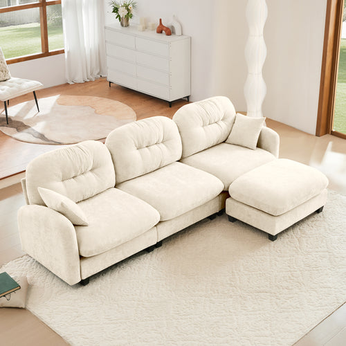 Sectional Sofa L-Shape Modular Chenille Beige 3-Seat with Ottoman