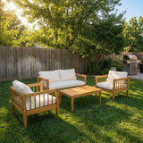 Outdoor Conversation Set Acacia Wood Teak Beige Cushion 4 Piece Seats 4