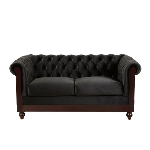 Chesterfield Velvet Loveseat Sofa 2-Person Rolled Arm Black 59
