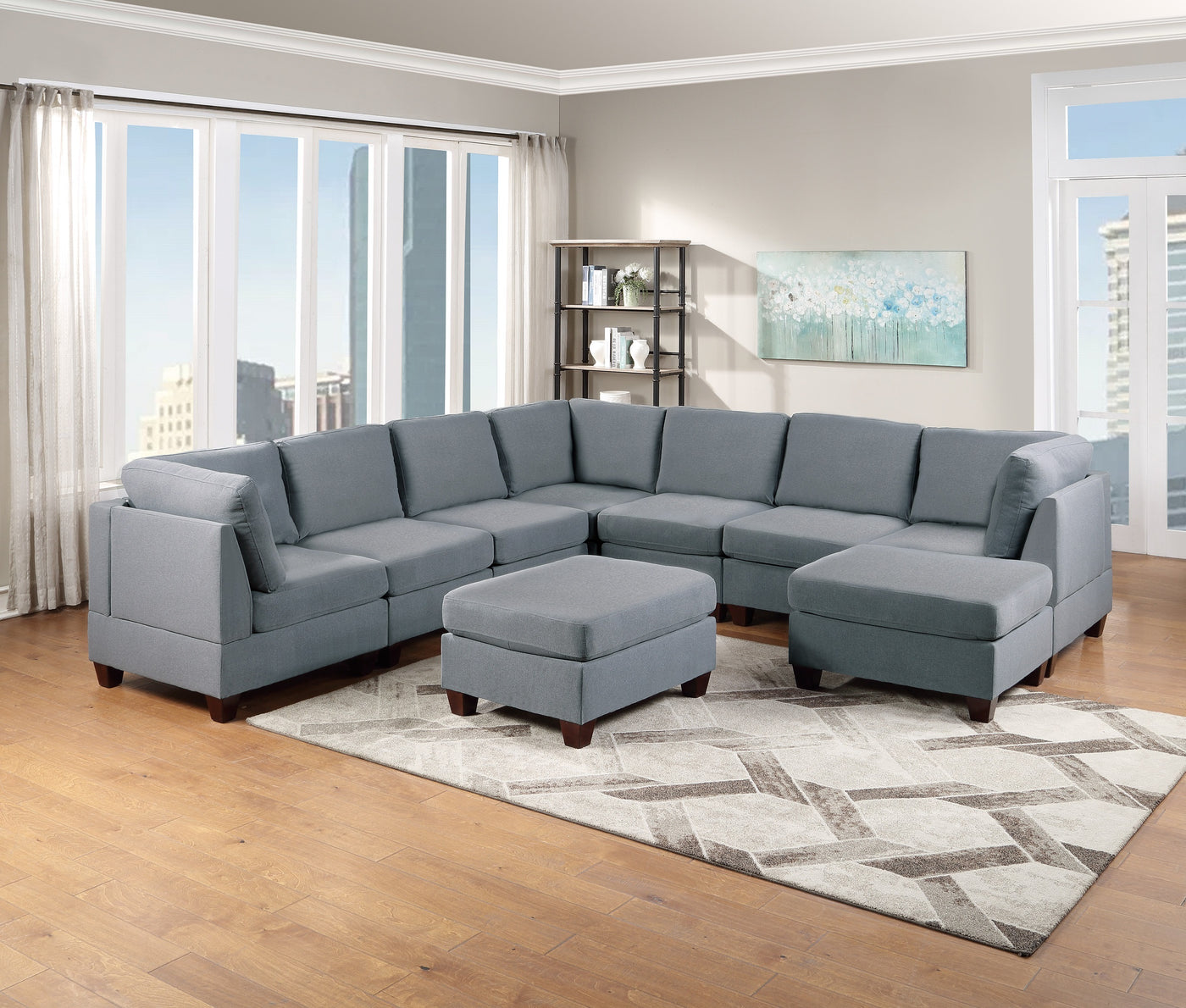 9pc Modular Sectional Couch Grey Linen Corner Wedge Armless